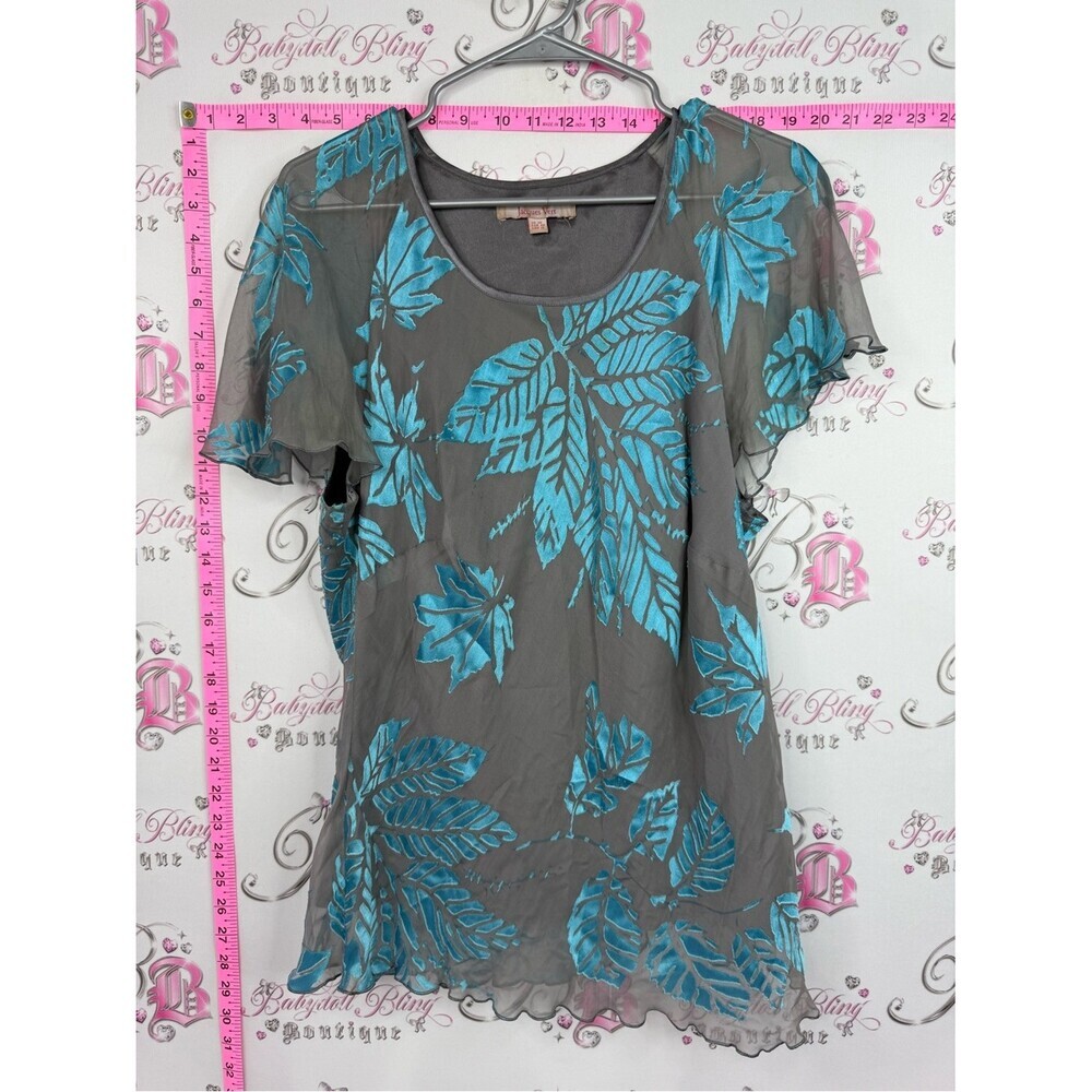 Jacques vert silk Gray Flutter-Sleeve Tunic with Teal Leaf Embroidery